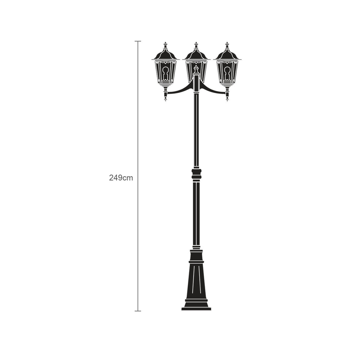 Black outdoor lamp post with 3 glazed lantern heads and copper-top roofs on a tall cast column with flange plate base, shown against a plain white background with a 249cm height marker.