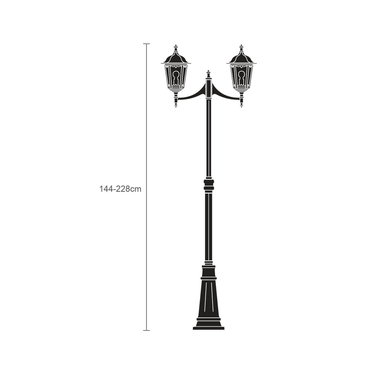 Astragal outdoor lamp post in black with a copper top, tall aluminium column with two glazed lantern heads, adjustable height 144-228cm, shown on a plain white background.