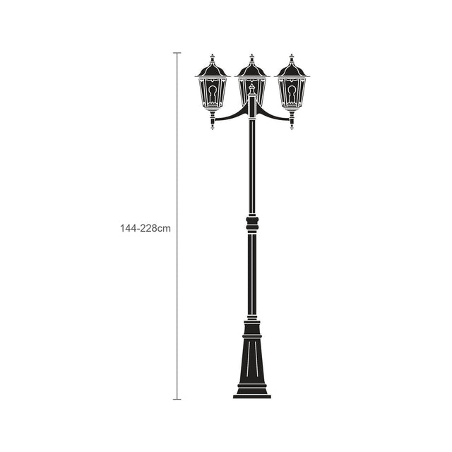 Astragal outdoor lamp post with 3 lantern heads on a tall cast column, black finish with glazed glass panels, shown as a line illustration with height guide 144-228cm on a white background.