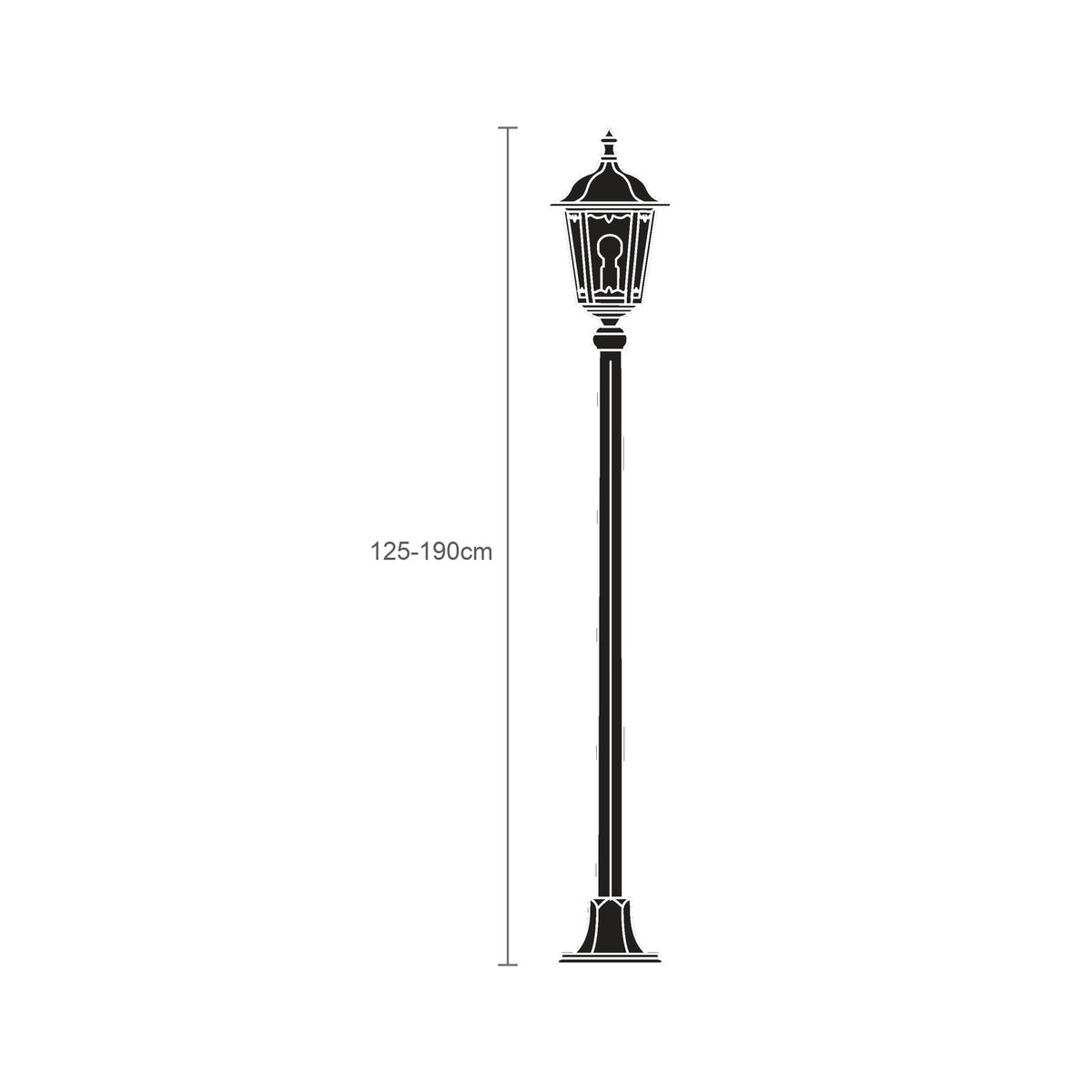Astragal outdoor lamp post in black, an adjustable 125-190cm cast column topped with a glazed lantern head, shown as a line illustration on a white background.