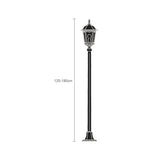 Astragal outdoor lamp post in black, an adjustable 125-190cm cast column topped with a glazed lantern head, shown as a line illustration on a white background.