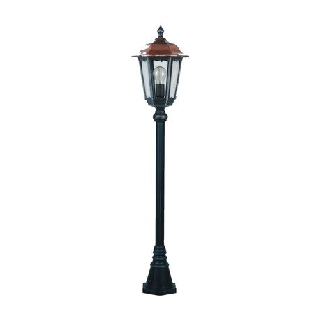 Astragal Copper Top Outdoor Adjustable Lamp Post, 135cm black cast column with glazed lantern head and copper roof, single E27 bulb, on a plain white background.