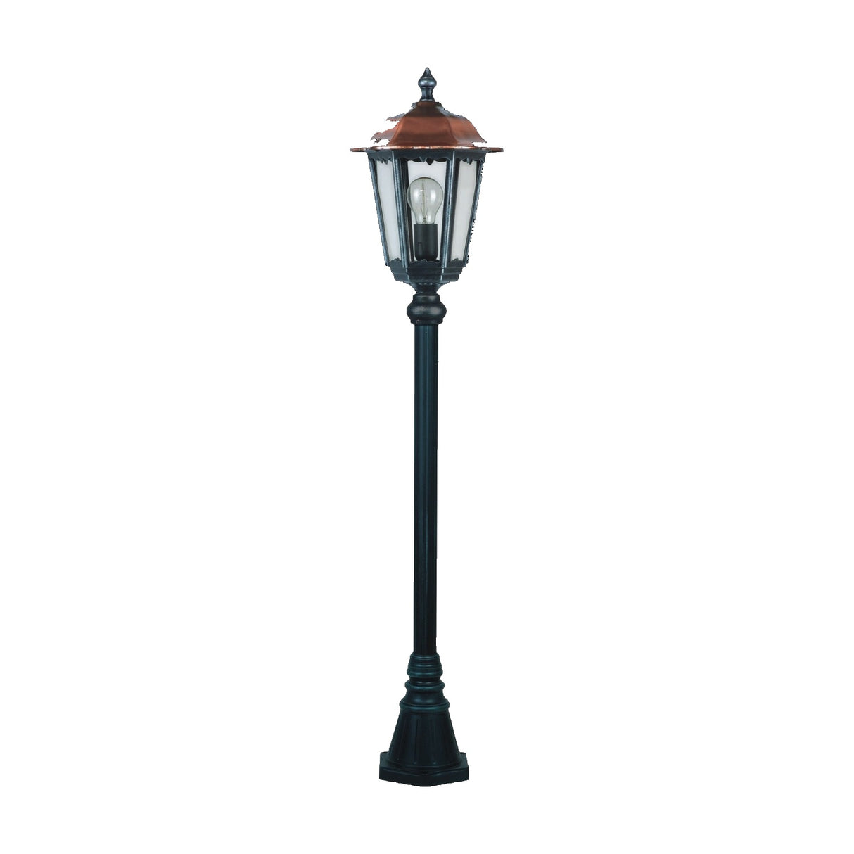 Astragal outdoor lamp post, 144-228cm black cast aluminium column with a glazed lantern head and copper top, glass panels, E27 bulb visible, on a plain white background.