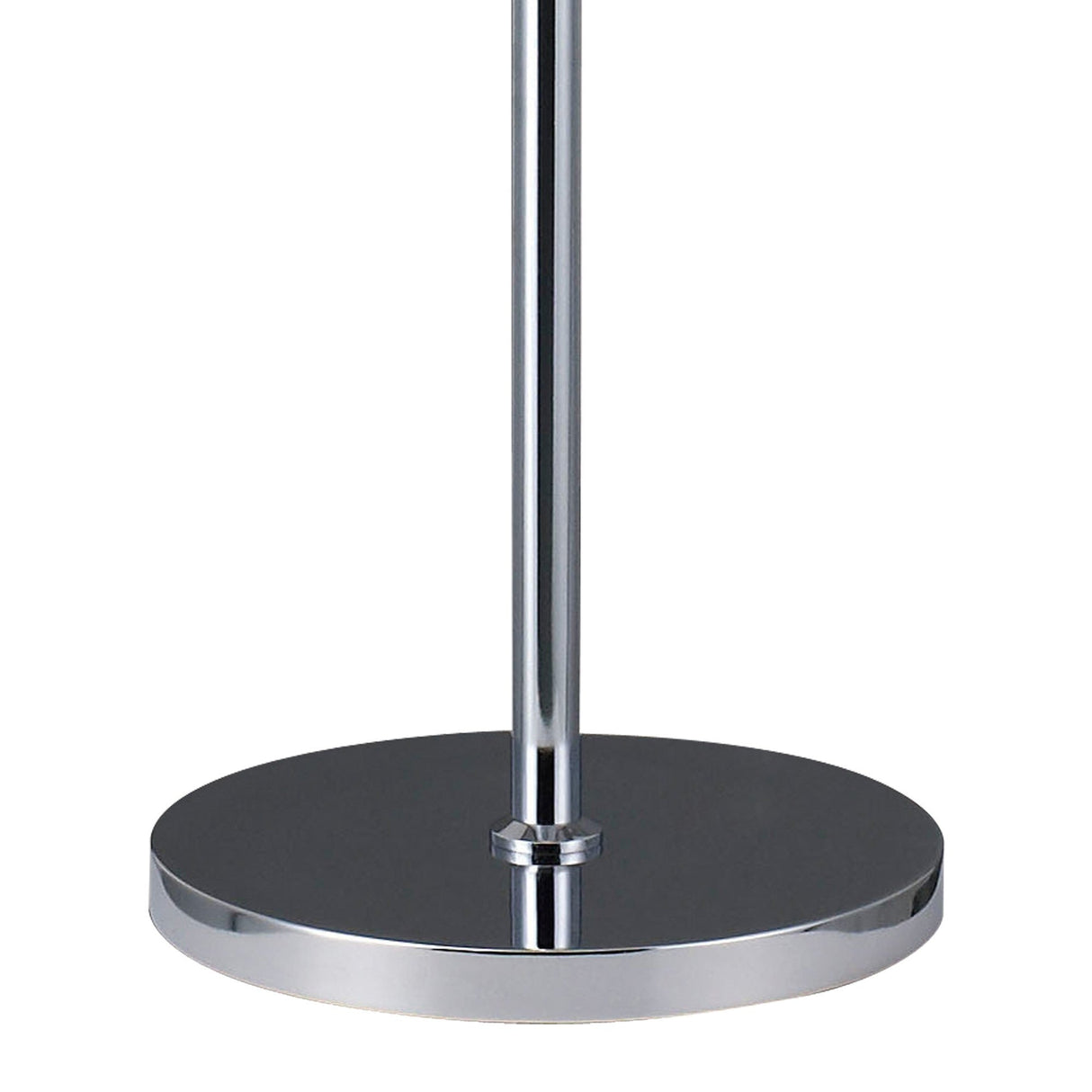 A close-up of the Atla 4 Light Crystal Floor Lamp’s polished chrome base features a smooth, reflective surface and a sleek central pole, showcasing modern style and elegant lighting.