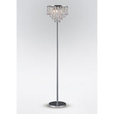 The Atla 4 Light Crystal Floor Lamp features a slim polished chrome stand, a round base, and a chandelier-style shade, shown against a plain white background.