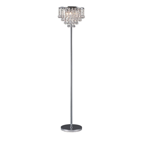 The Atla 4 Light Crystal Floor Lamp in polished chrome features a sleek stand, round base, and a decorative shade adorned with hanging crystal-like droplets—a modern lighting piece for any space.
