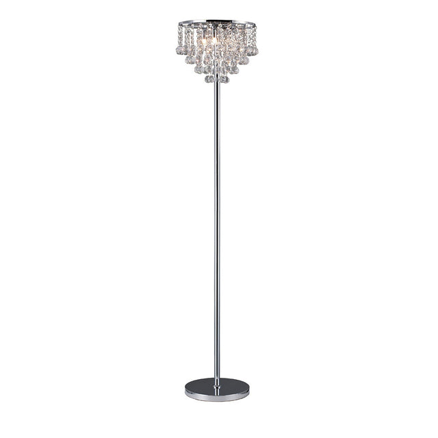 The Atla 4 Light Crystal Floor Lamp in polished chrome features a sleek stand, round base, and a decorative shade adorned with hanging crystal-like droplets—a modern lighting piece for any space.