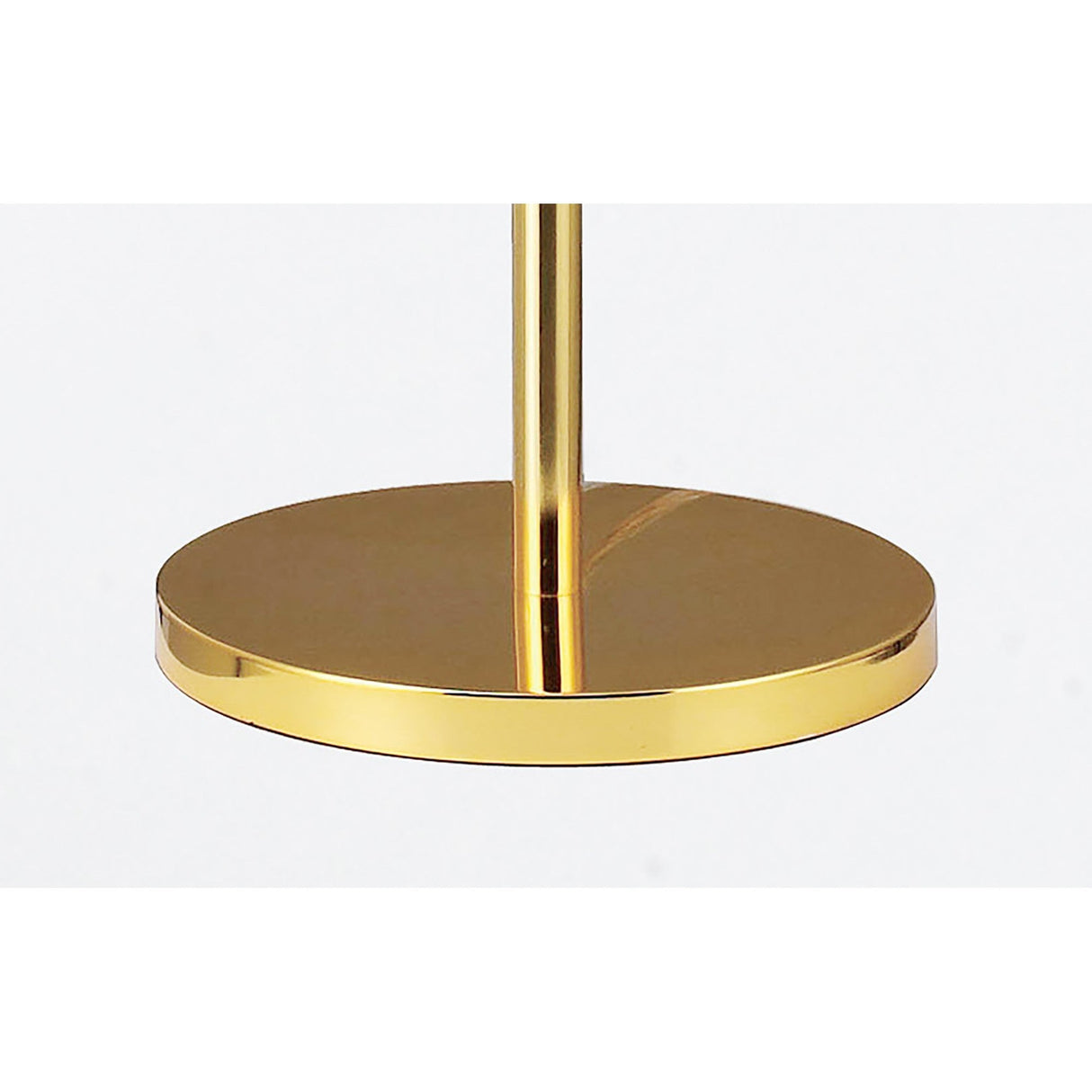 A close-up of the Atla 4 Light Crystal Floor Lamp in French Gold features its shiny, round metal base and matching vertical rod, highlighting its elegant design against a plain white background.