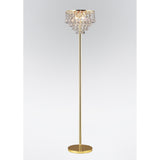 The Atla 4 Light Crystal Floor Lamp in French Gold features a slim pole, round base, and a chandelier-style shade adorned with hanging clear crystal-like accents for an elegant, luxurious lighting touch.