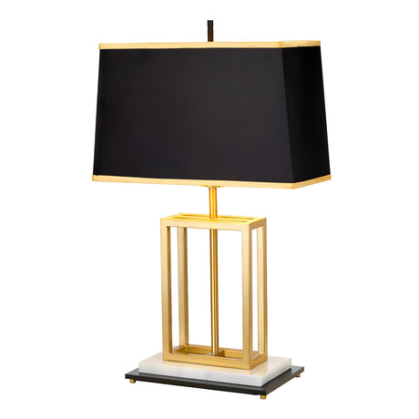 Introducing the Atlas Table Lamp - Brushed Brass, a contemporary piece highlighted by a rectangular black shade and an intricate brushed brass geometric base. Its sophisticated design is complemented by a sleek white and black marble platform.