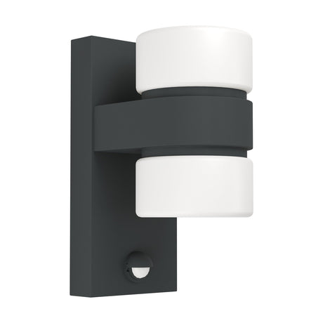 Atollari LED Outdoor Wall Light in anthracite aluminium, featuring a rectangular backplate, two white cylindrical diffusers, a built-in sensor, and integrated LEDs, shown on a plain white background.