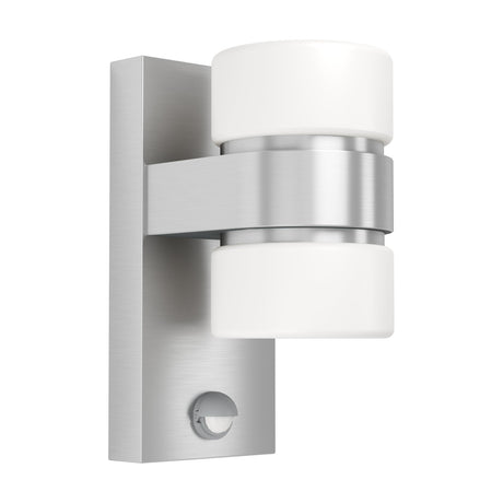 Atollari LED outdoor wall light with stainless steel backplate, silver bracket, two white cylindrical shades, and built-in sensor window on a white background.