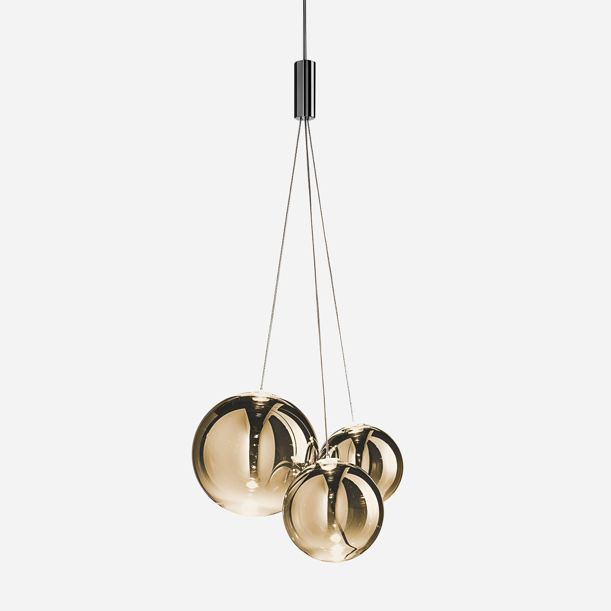 The Diverso LED Pendant Light - Gold showcases three spherical bulbs with a reflective gold finish, suspended at different heights by adjustable cables from a sleek black fixture, all set against a crisp white background.