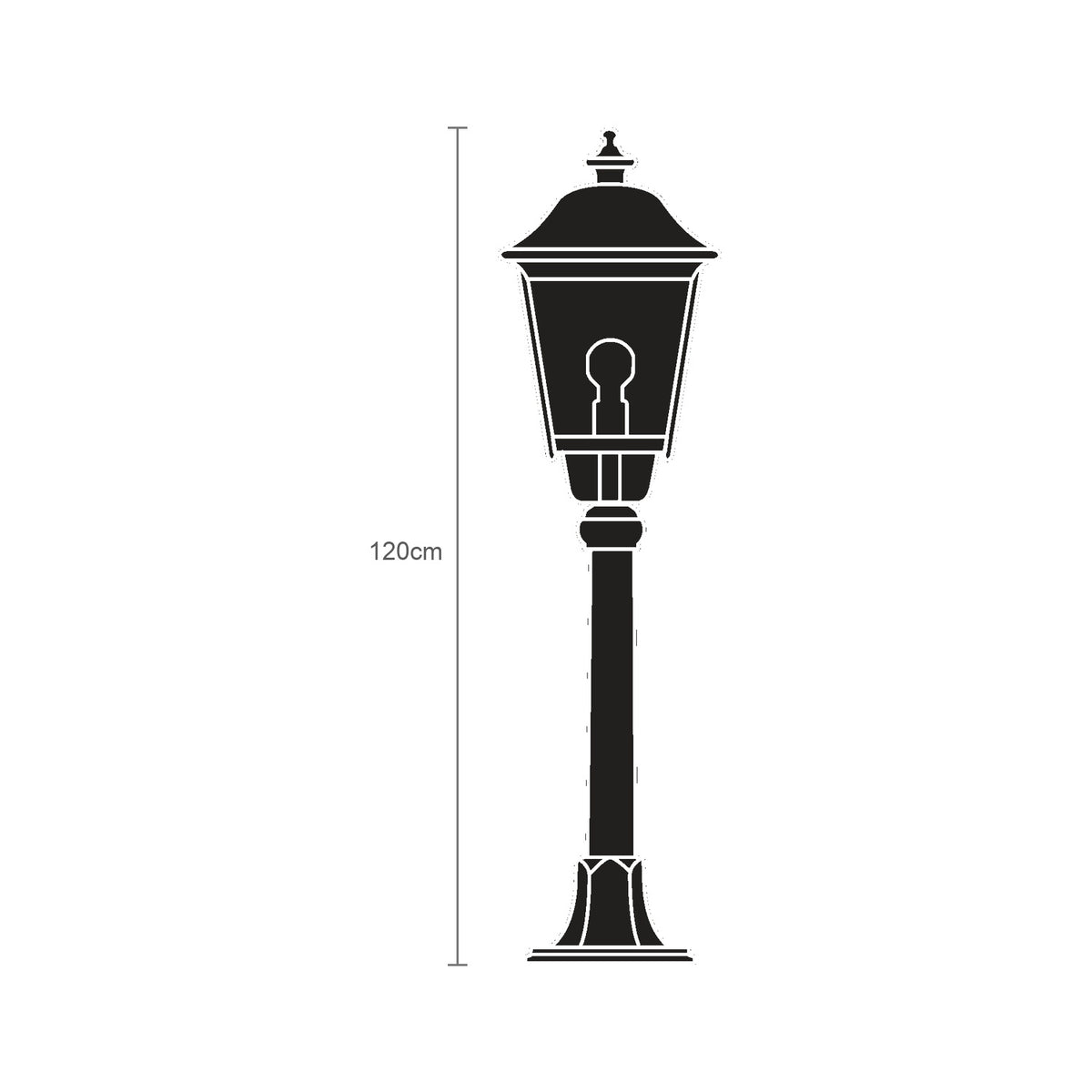 Cast aluminium casement bollard light, 120cm black traditional lantern with domed roof and glazed panels on tapered base, line illustration with height marker on white background.