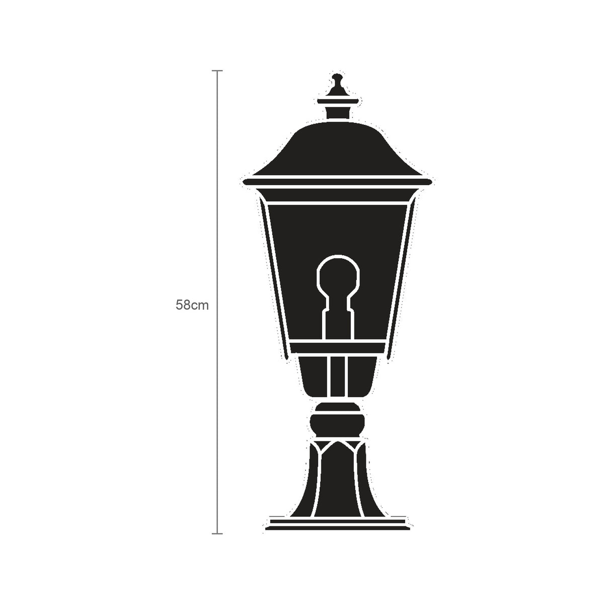 Casement cast aluminium outdoor bollard light, 58cm, black traditional lantern design with domed roof and pedestal base, shown as a line illustration on a white background.