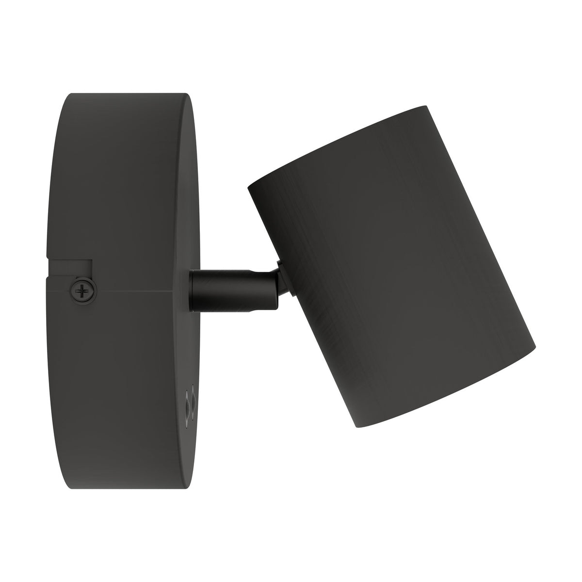Auro LED Ceiling Light in black, showing the round steel backplate with a visible fixing screw and an angled cylindrical aluminium head, set against a plain white background.