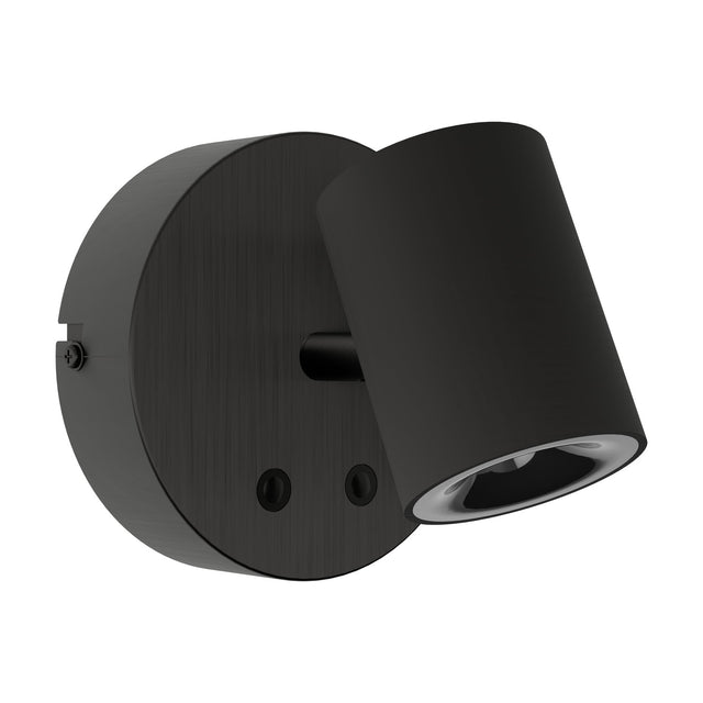 Auro LED Ceiling Light in black, showing a round steel backplate with mounting screws and a single angled cylindrical head with integrated LED, set against a plain white background.