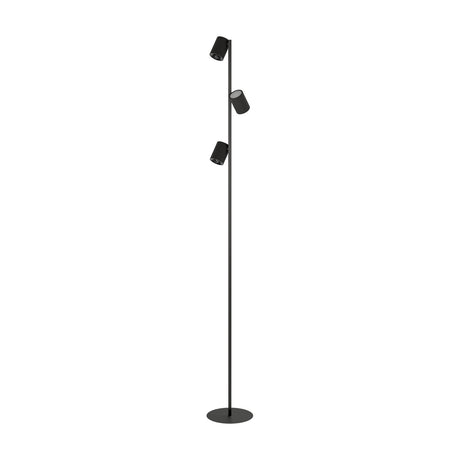 Auro LED Floor Lamp in black steel with three cylindrical spotlight heads at staggered heights on a slim pole and round flat base, shown on a plain white background.