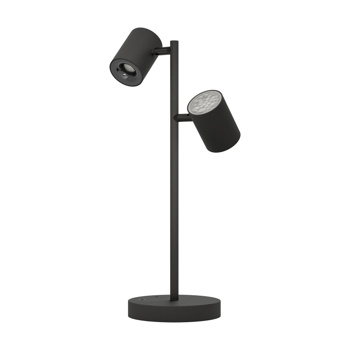 Auro LED Table Lamp in black steel, featuring two cylindrical spot heads on a slim upright stem above a round disc base, shown on a plain white background.