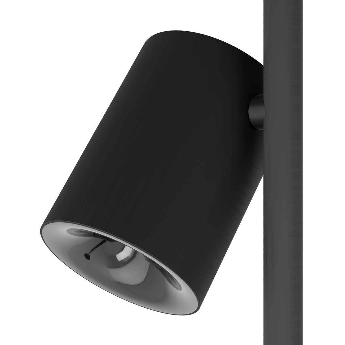 Close-up of the Auro LED Table Lamp in black steel, showing one cylindrical spot head with integrated LED and mounting bracket on a slim upright stem, plain white background.