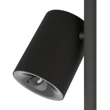 Close-up of the Auro LED Table Lamp in black steel, showing one cylindrical spot head with integrated LED and mounting bracket on a slim upright stem, plain white background.