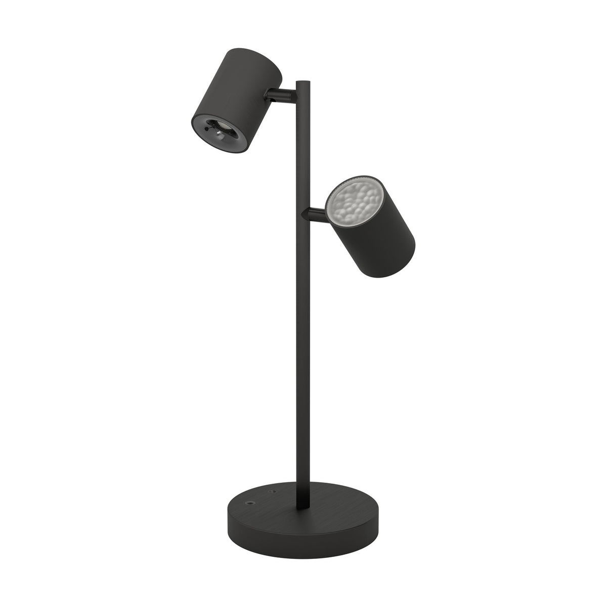 Auro LED Table Lamp in black steel, with two adjustable cylindrical spot heads on a slim upright stem and round disc base, shown on a plain white background.
