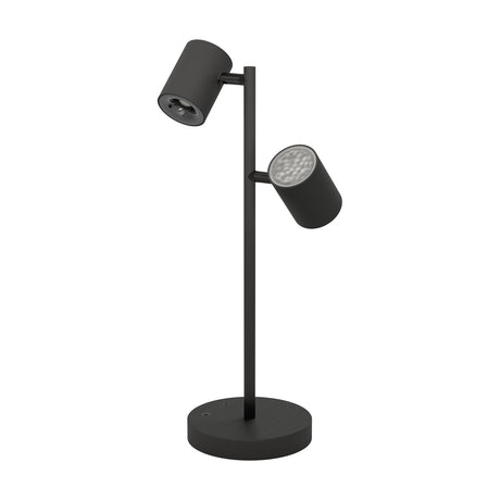 Auro LED Table Lamp in black steel, with two adjustable cylindrical spot heads on a slim upright stem and round disc base, shown on a plain white background.
