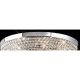 Close-up of the Diyas Ava 6 Light flush ceiling light showing the polished chrome rim and hemispherical dome of faceted clear crystals on a black background.