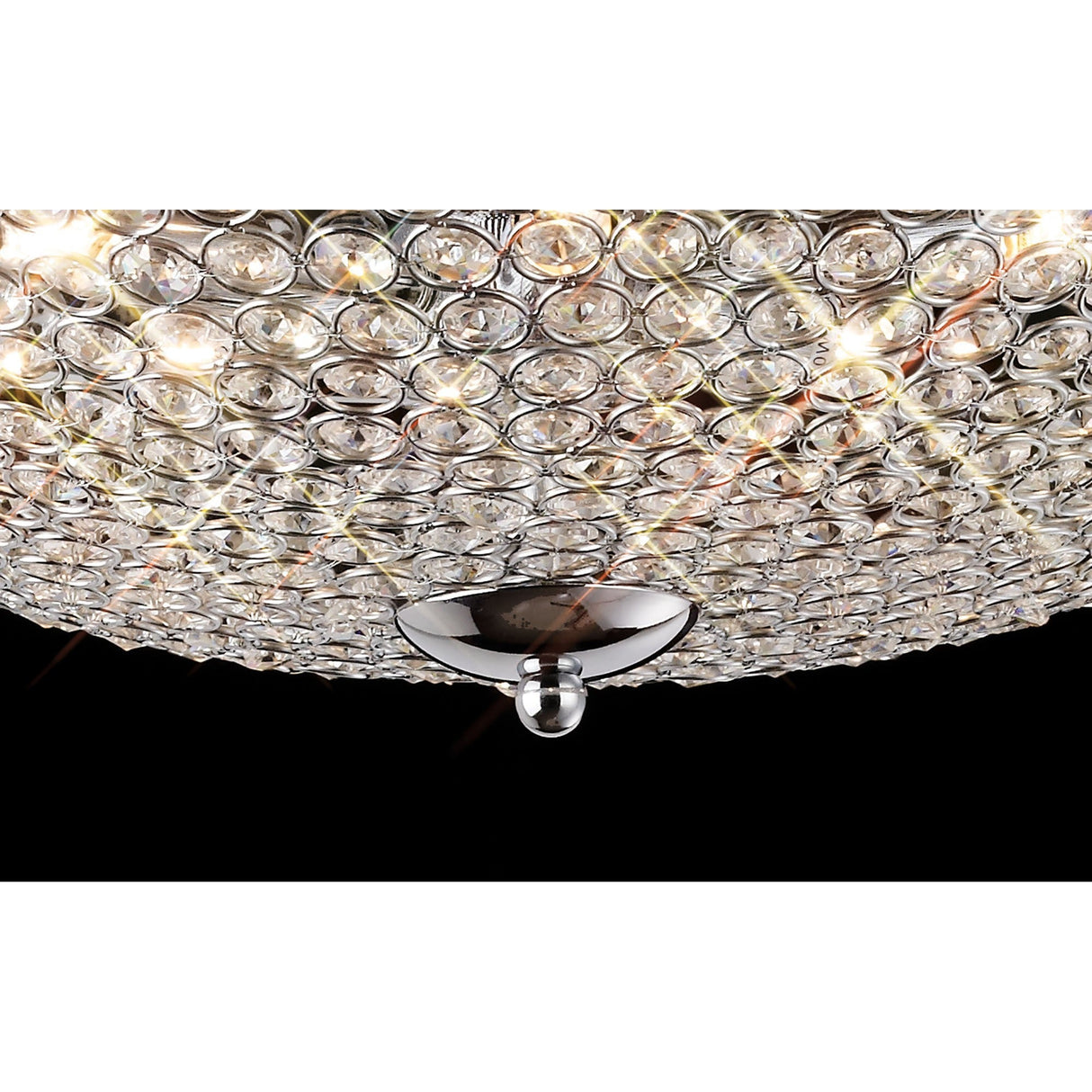 Close-up of Diyas Ava 6 light crystal flush ceiling light, showing the faceted clear crystal dome and polished chrome finial against a black background.