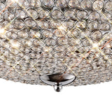 Close-up of the Diyas Ava 6 light crystal flush ceiling light showing the polished chrome dome set with faceted clear crystals and illuminated G9 bulbs.