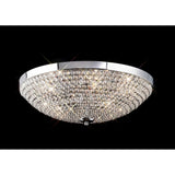 Diyas Ava 6 light flush ceiling light with polished chrome frame and hemispherical dome of faceted clear crystals, shown on a black background.
