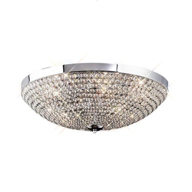Diyas Ava 6 light flush ceiling light with a polished chrome frame and hemispherical clear crystal dome, shown on a white background.