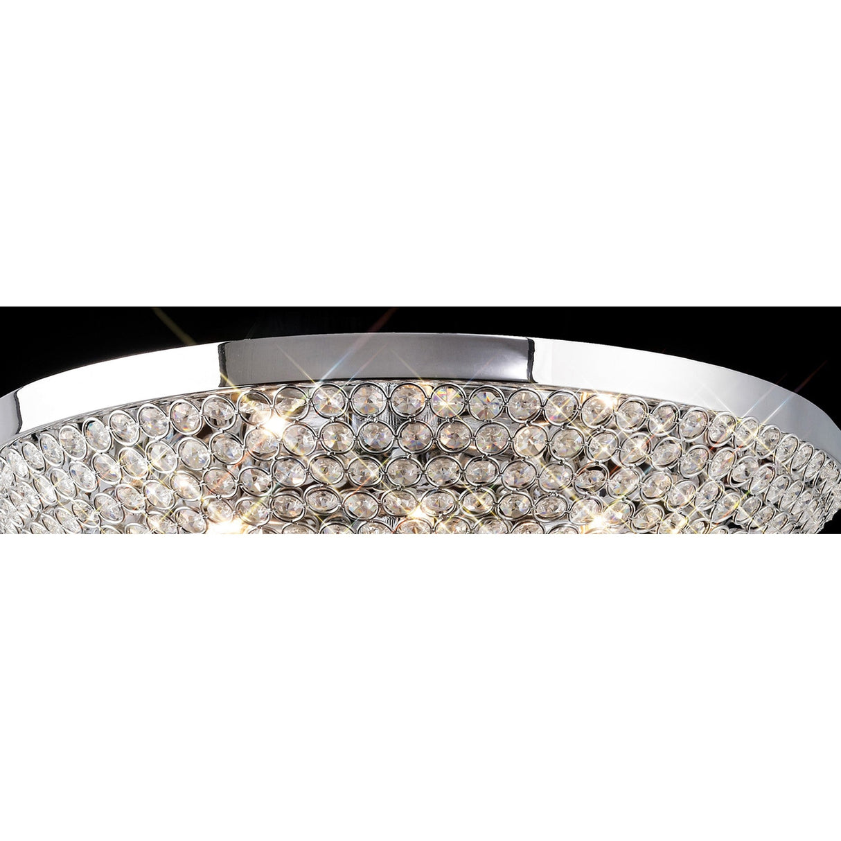 Close-up of the Diyas Ava 9 light crystal flush ceiling light showing the polished chrome rim and densely packed clear crystal bead dome illuminated.