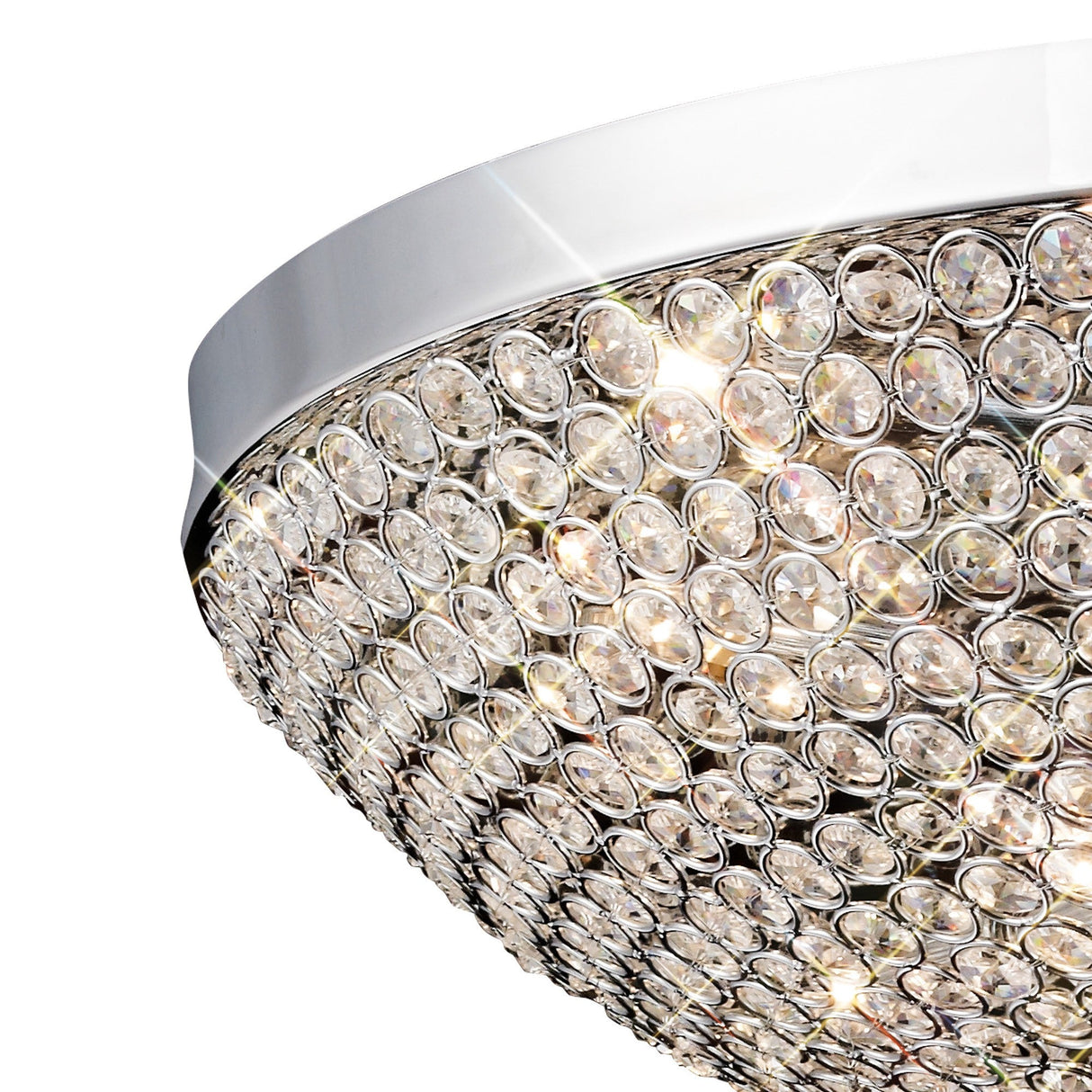 Close-up of the Diyas Ava 9 Light crystal flush ceiling light, showing the hemispherical dome of clear crystal beads on a polished chrome frame.