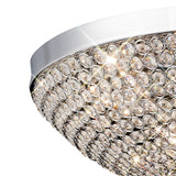 Close-up of the Diyas Ava 9 Light crystal flush ceiling light, showing the hemispherical dome of clear crystal beads on a polished chrome frame.