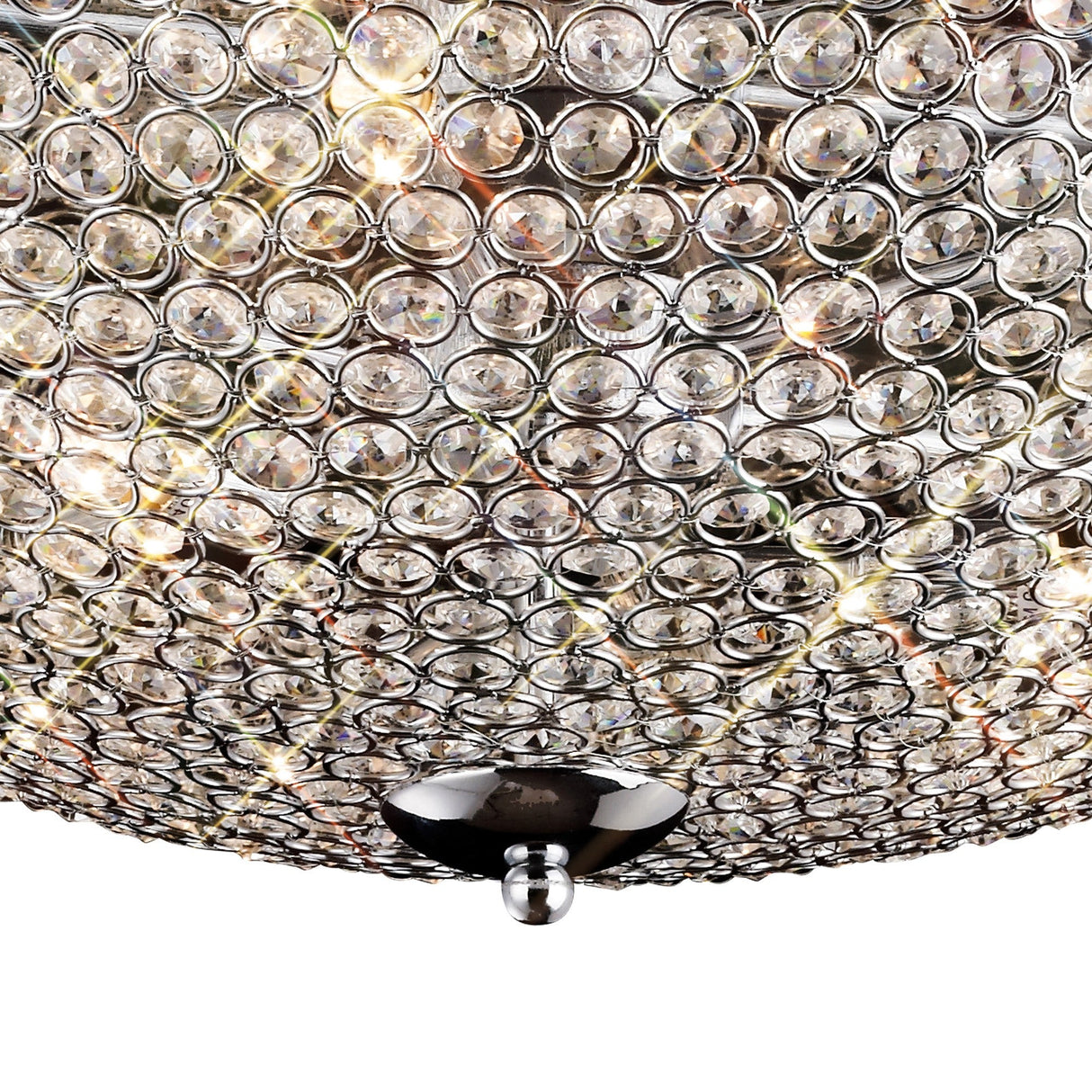 Close-up of the Diyas Ava 9 Light crystal flush ceiling light, showing the hemispherical dome of clear faceted crystal beads on a polished chrome frame.
