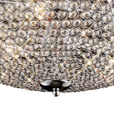 Close-up of the Diyas Ava 9 Light crystal flush ceiling light, showing the hemispherical dome of clear faceted crystal beads on a polished chrome frame.
