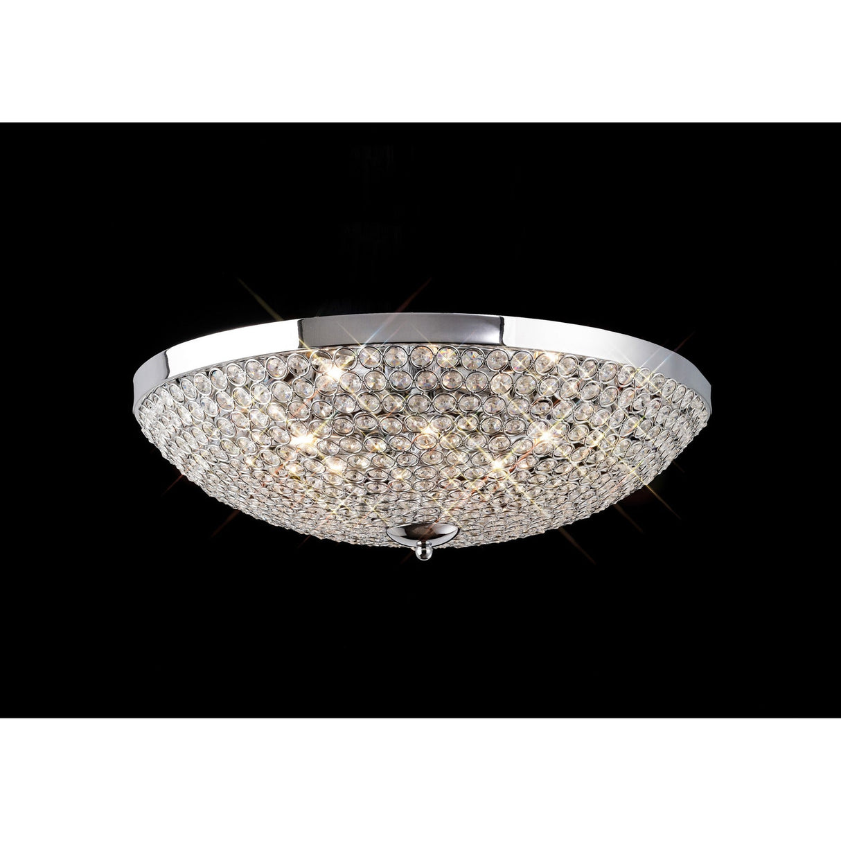 Diyas Ava 9 light crystal flush ceiling light with hemispherical bowl of clear crystal beads on a polished chrome frame, illuminated against a black background.
