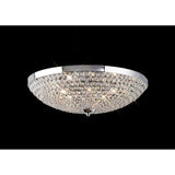 Diyas Ava 9 light crystal flush ceiling light with hemispherical bowl of clear crystal beads on a polished chrome frame, illuminated against a black background.