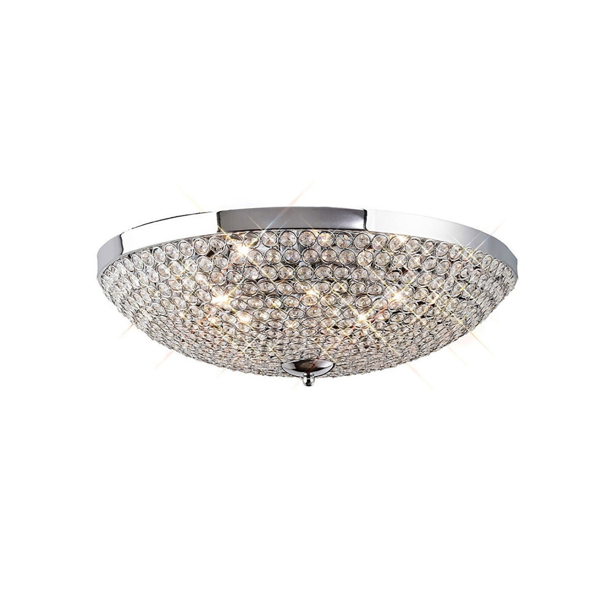 Diyas Ava 9 light crystal flush ceiling light with a hemispherical clear crystal beaded dome on a polished chrome frame, shown on a white background.