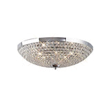 Diyas Ava 9 light crystal flush ceiling light with a hemispherical clear crystal beaded dome on a polished chrome frame, shown on a white background.