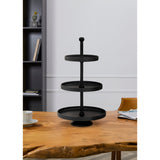 Babirik Cake Stand 29.5cm in black aluminium with three round tiered trays, central rod, rounded knob top and footed base, shown on a wooden table in a living space.