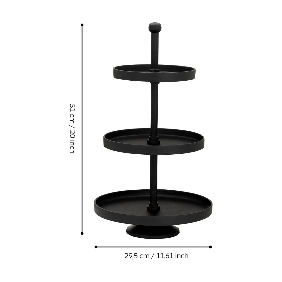 Black aluminium Babirik three-tier cake stand with round raised-rim trays decreasing in size on a central rod, 51cm height, 29.5cm width, on white background.