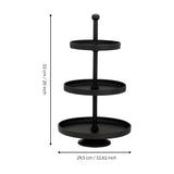 Black aluminium Babirik three-tier cake stand with round raised-rim trays decreasing in size on a central rod, 51cm height, 29.5cm width, on white background.