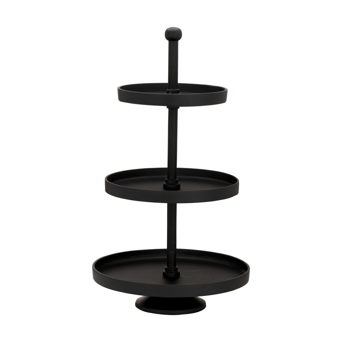Black aluminium Babirik Cake Stand, 29.5cm, with three round tiered trays on a footed base and a knobbed central rod, shown on a white background.