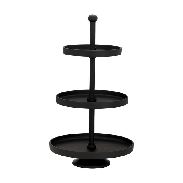 Black aluminium Babirik Cake Stand, 29.5cm, with three round tiered trays on a footed base and a knobbed central rod, shown on a white background.