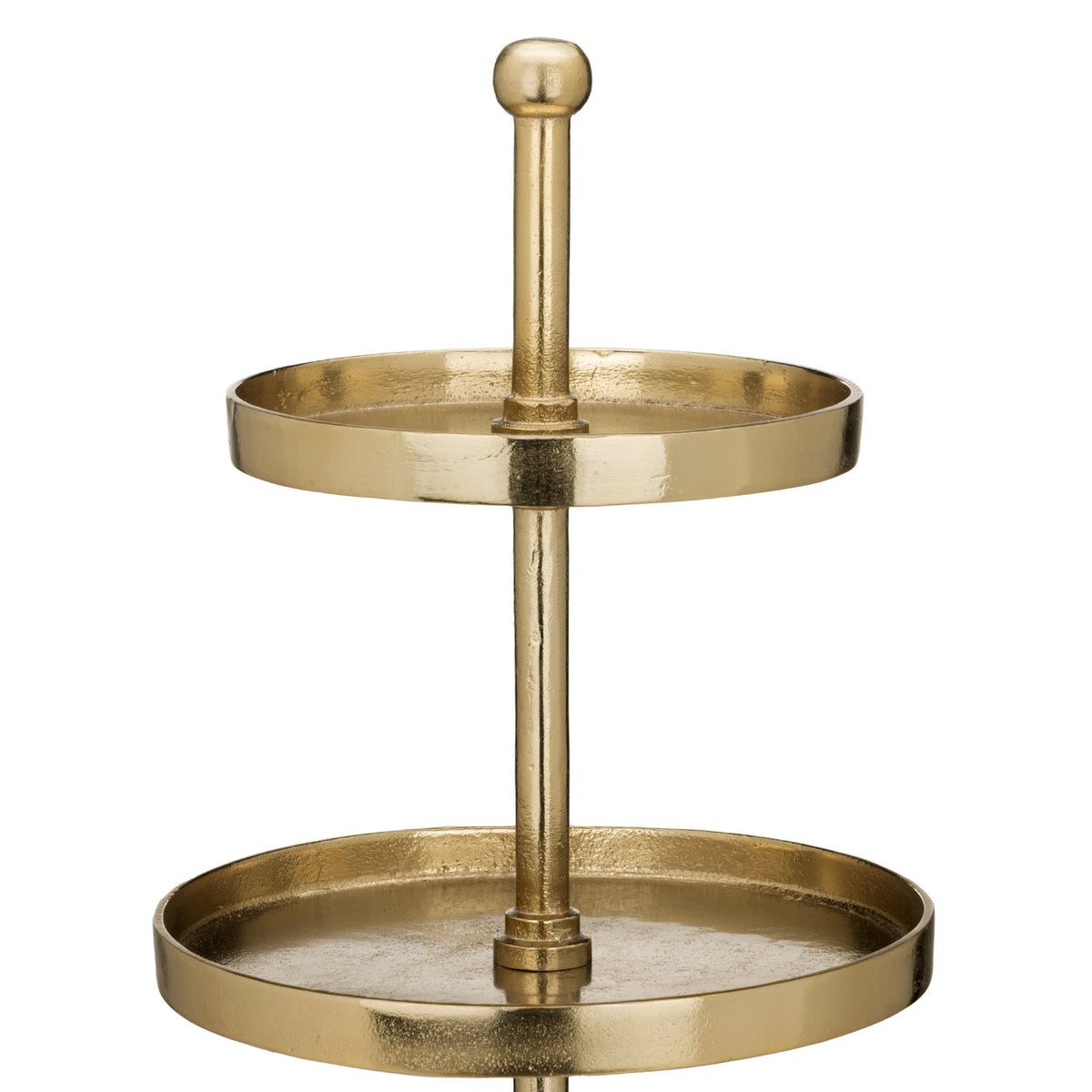 Babirik Cake Stand in gold aluminium, close-up of two round tiers with raised rims on a slim central post topped with a ball finial, shown against a white background.
