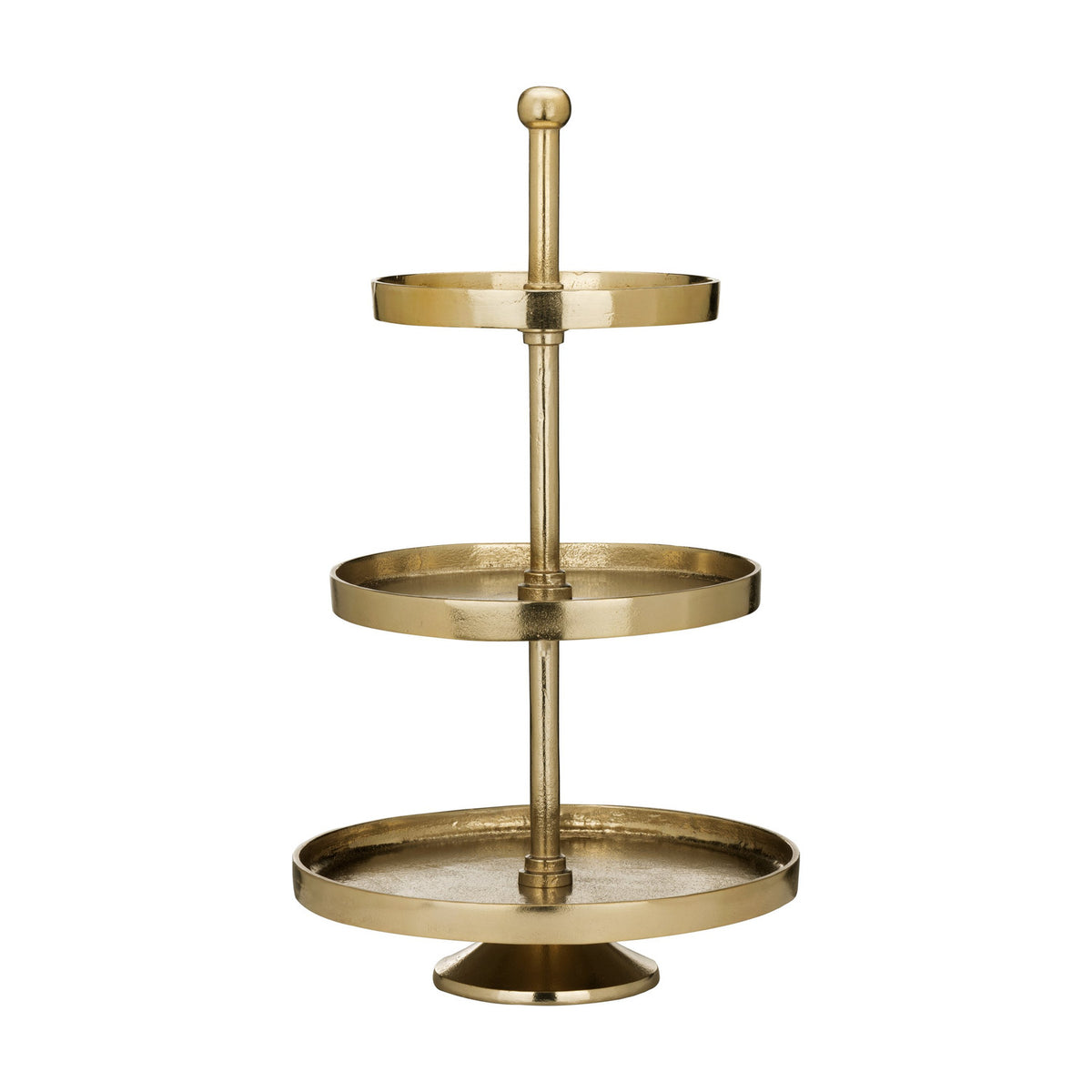 Babirik Cake Stand 29.5cm in gold aluminium, three round graduated tiers with raised rims on a slim central post, topped with a ball finial and footed base, on a plain white background.
