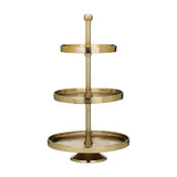 Babirik Cake Stand 29.5cm in gold aluminium, three round graduated tiers with raised rims on a slim central post, topped with a ball finial and footed base, on a plain white background.