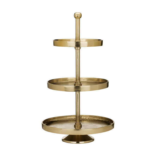 Babirik Cake Stand 29.5cm in gold aluminium, three round graduated tiers with raised rims on a slim central post, topped with a ball finial and footed base, on a plain white background.